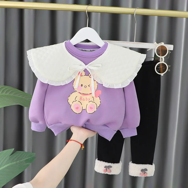 

LZH 2022 New Baby Girl Clothes Autumn Winter Sweet Suits For Girls Kid Long Sleeve Detachable Lapels Two Pieces Set 0-4 Year Old