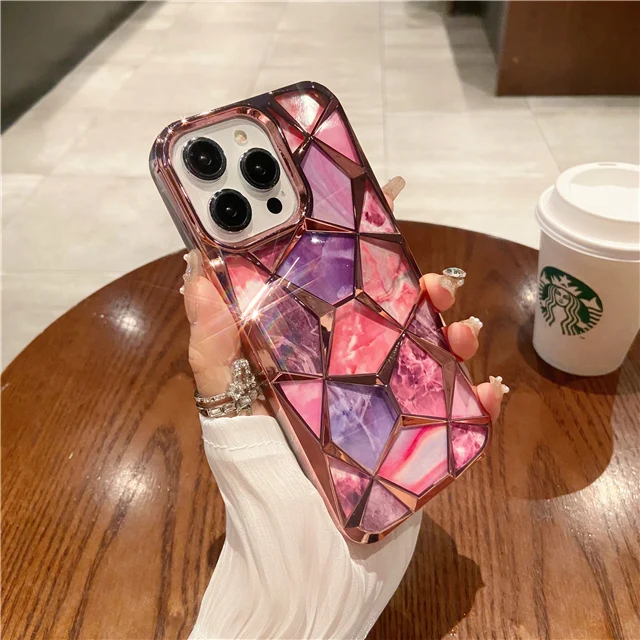 Luxury Plating Marble Colorful Pattern Frame Phone Case - Protective Cover