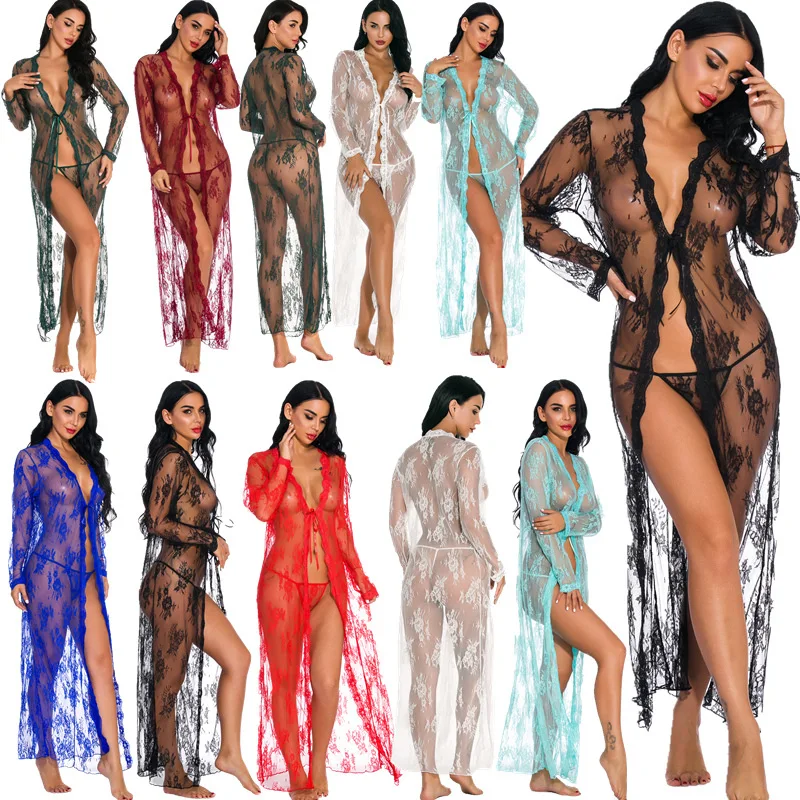 

European and American sexy and fun lingerie nightdresses,women's lace underwear,cardigans perspective pajamas with thongs