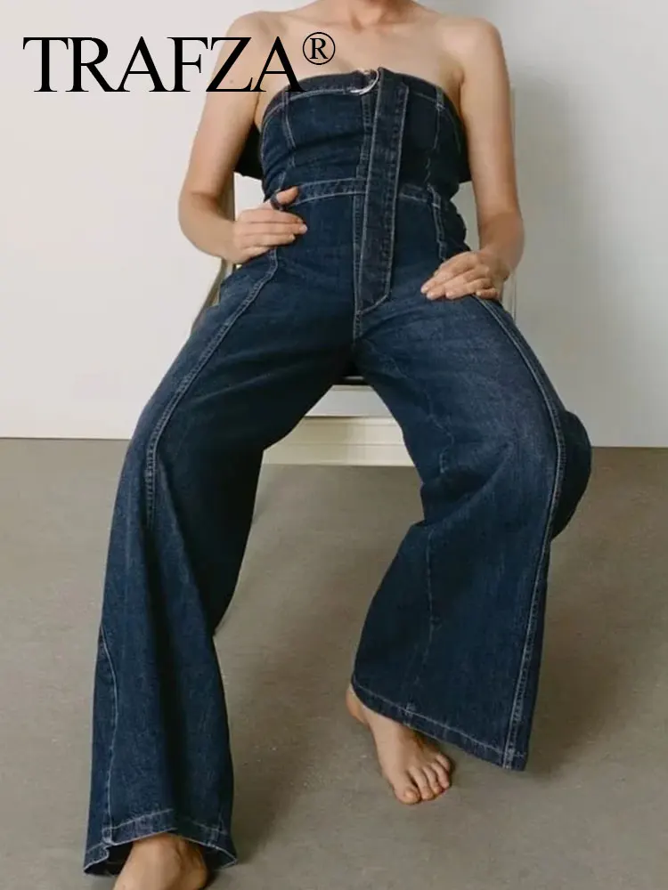 

TRAFZA Women Fashion Rompers Denim Sleeveless Wide Legs Trousers Playsuits Woman Chic And Elegant Streetwear Female Jumpsuits
