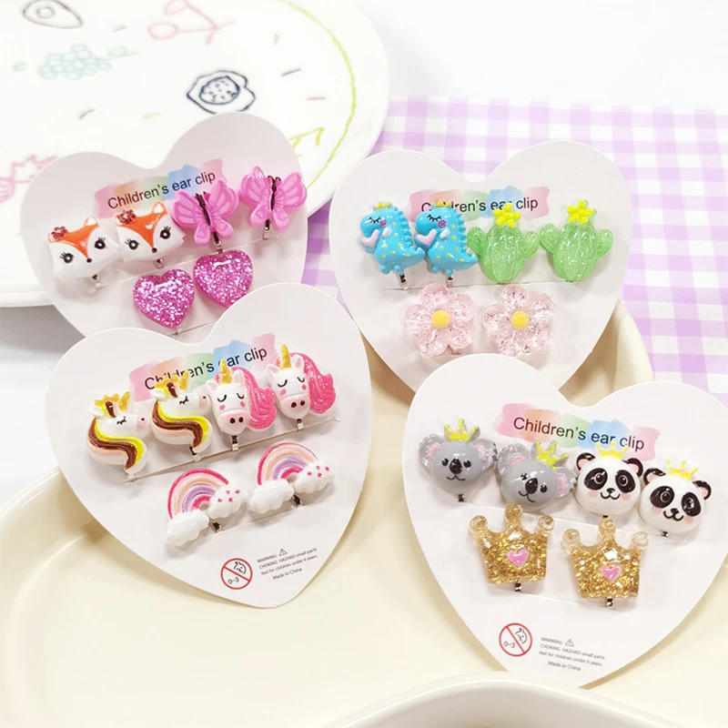 Clip Earrings 5PRS Christmas Gift for Children Non Piercing Girls Kids Mixed Cute Unicorn Panda Cat ear clip earrings,clip earrings,ear clip,ear accessories