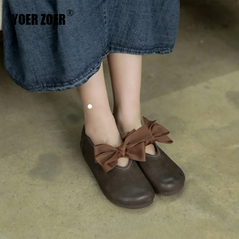 

Women's shoes Academy Mori girls Cute shoes Cowhide Shallow Bow tie Retro Literary Beef Tendon bottom spring Flat shoes Vintage