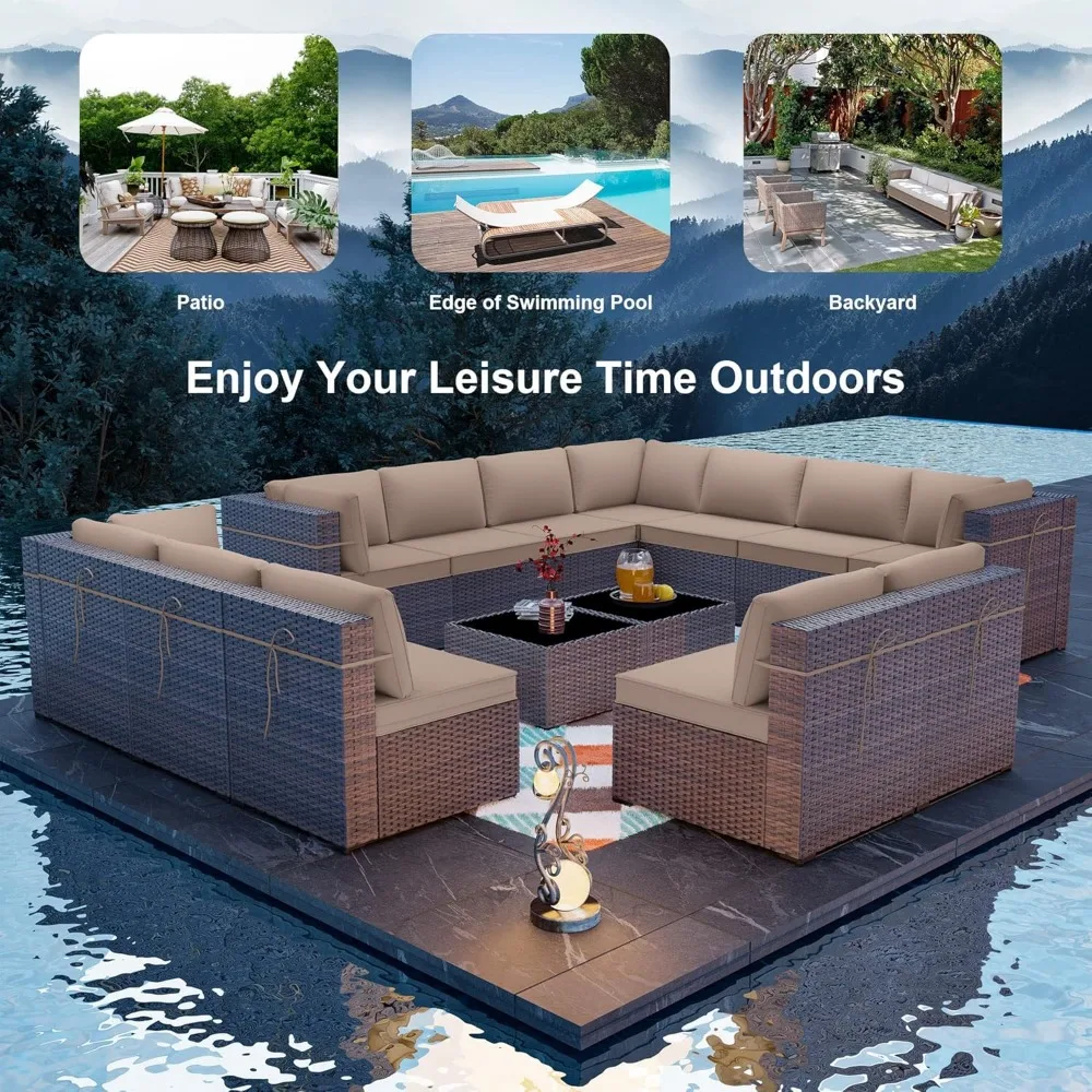 Patio Furniture Set Sectional Sofa Sets Brown PE Rattan Patio Conversation Set w/12 Khaki Seat, Garden Sofas 6