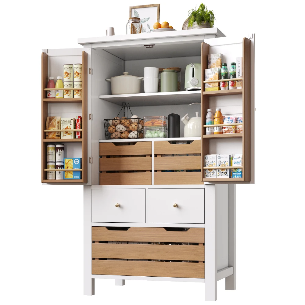 80x40x140cm Küchenschrank, Mehrzweck-Buffet, Snack-Schrank, Aufbewahrungsmöbel mit zwei Türen und fünf Schubladen, Schwarz/Weiß – Detail 6