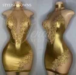 Sexy Gold High Neck Short Prom Dress For Black Girls Appliques Birthday Party Dresses Mini Mermaid Homecoming Abiti Da Cocktail