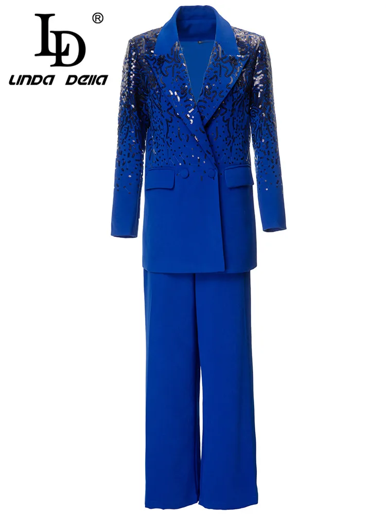 

LD LINDA DELLA 2024 Autumn winter Luxury Elegant Western Suit Women Blue V-Neck Sequin Top+Button Straight Trouser 2 Pieces Set