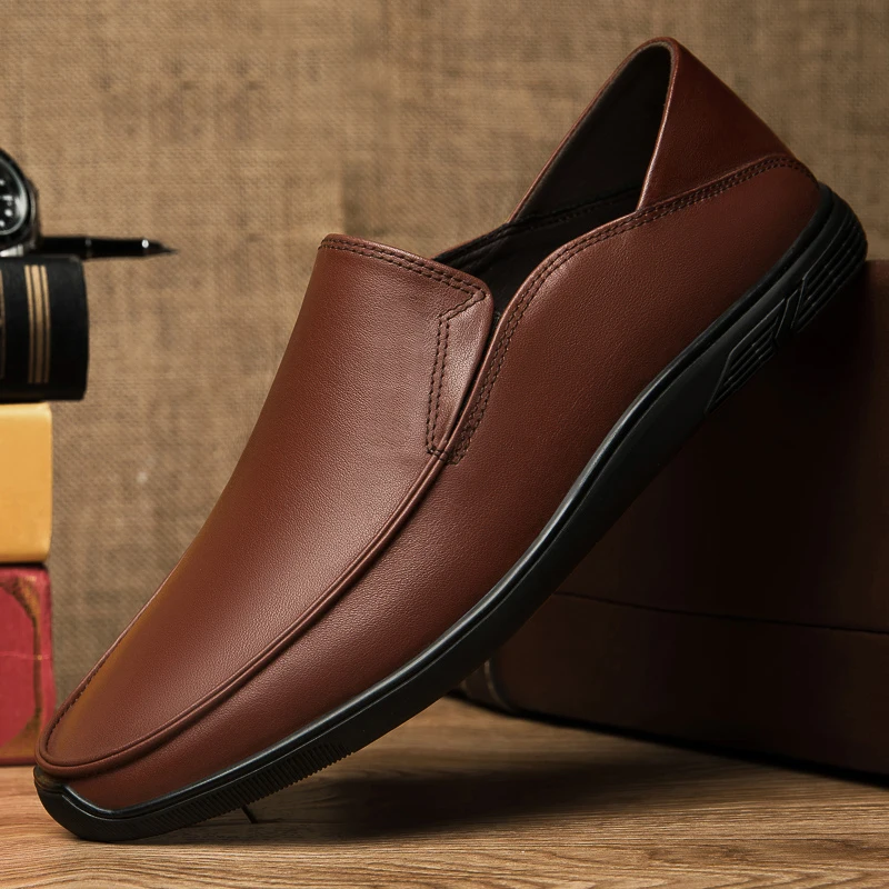 

Brown Business Loafers Man Casual Shoes Slip-on Flat Shoes Leather Moccasin Shoes Trendy Soft Footwear Breathable Black Shoes