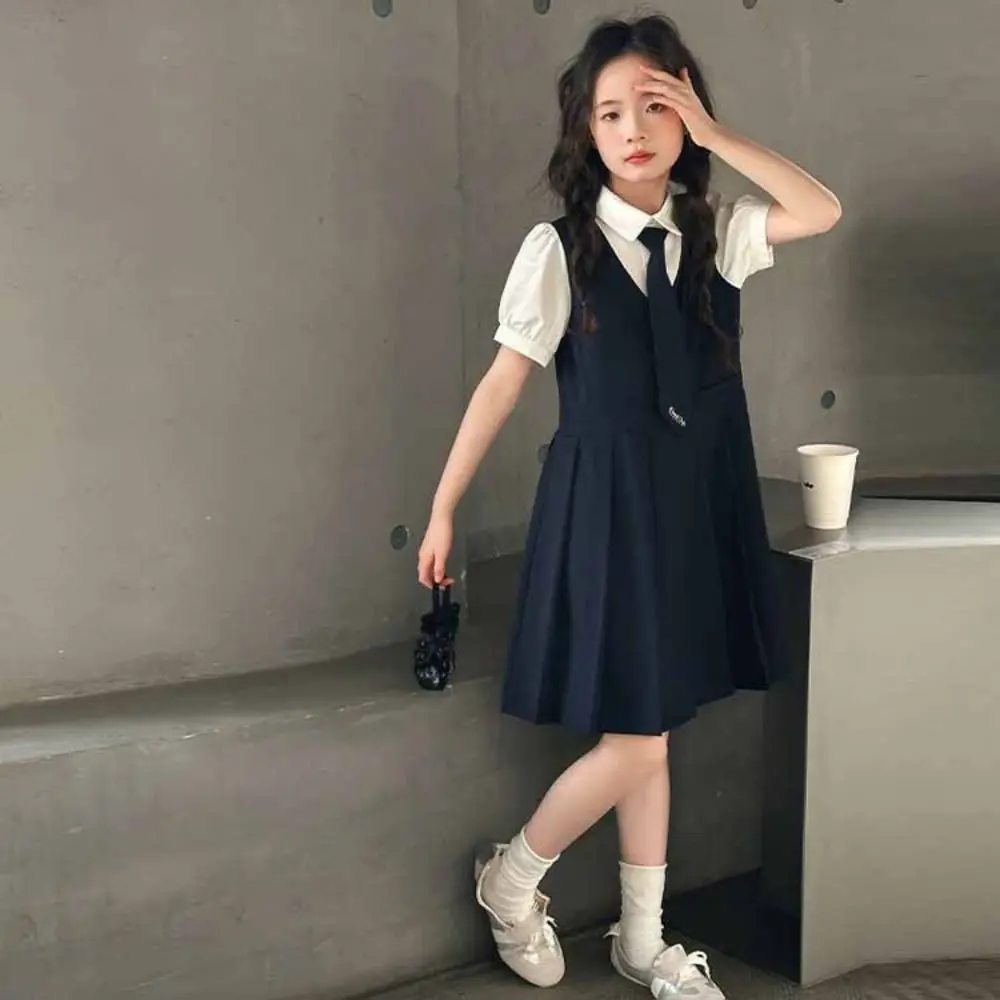 Loose Pleated Kids Fake Two Dress Preppy Style Teenagers Summer Girls Dresses Skirts Short Sleeve Children A-line Dress Girl