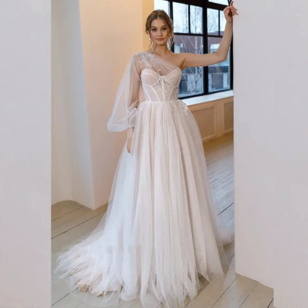 

2024 Beach Champagne Wedding Dress A-Line One Shoulder Sexy Lace Vestidos De Novia Corset Boho Tulle Bridal Gowns Robe De Mairee