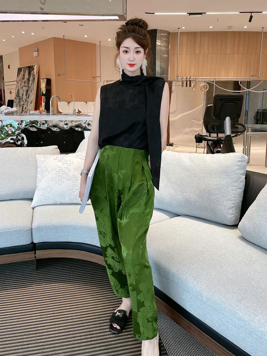 

2023 printed autumn new chinese style vintage wide leg pants women's wear improved trousers oriental tangsuits qipao pants