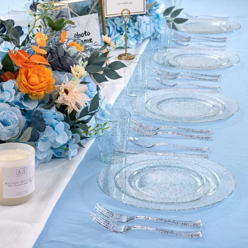 180PCS Glitter Plastic Plates with Glitter Disposable Silverware, Include 30Dinner Plates, 30Dessert Plates, 90Cutlerys, 30Cups