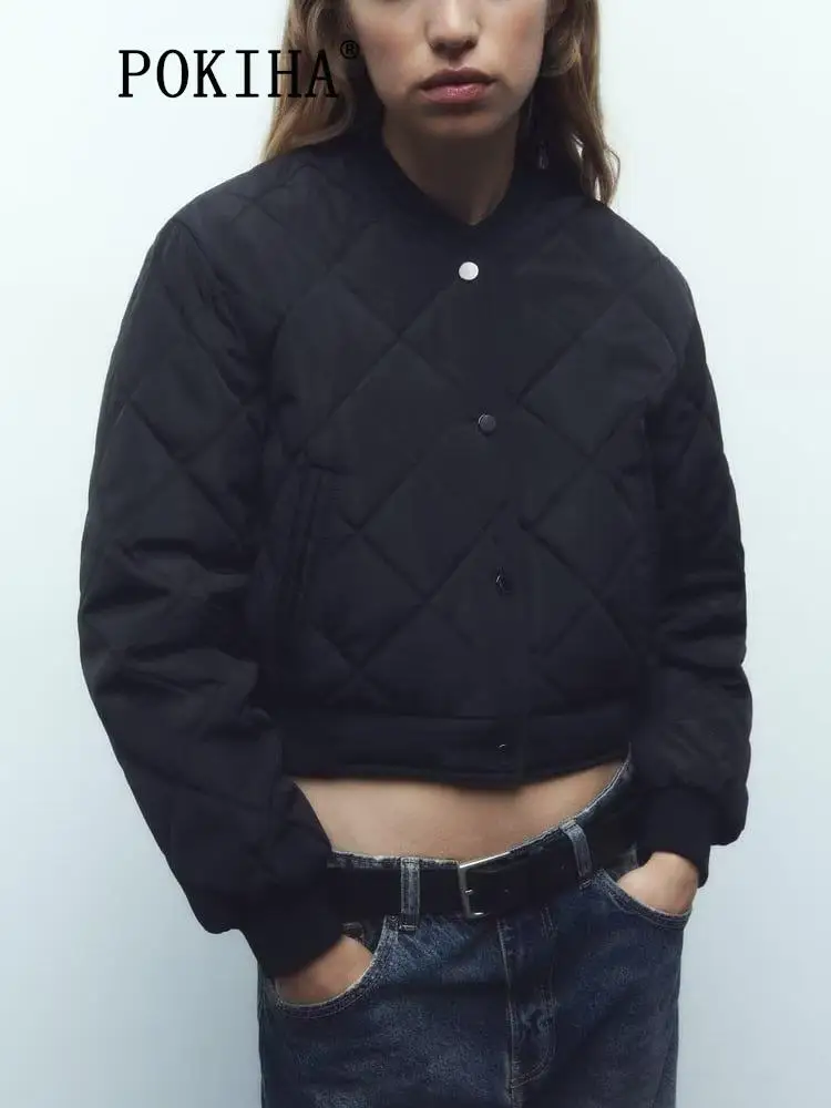

Pokiha Fashion Women New Black Casual Cropped Bomber Jacket Coat Vintage Long Sleeve Snap-button Female Outerwear Chic Tops