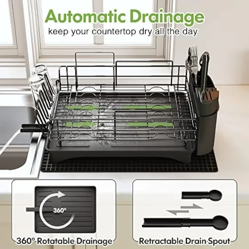 Dish Drying Rack and Drainboard Set, 304 Stainless Steel Large 2 Tier Dish  Rack with Auto-draining Tray and Drying Mat for Kitchen Counter Dish