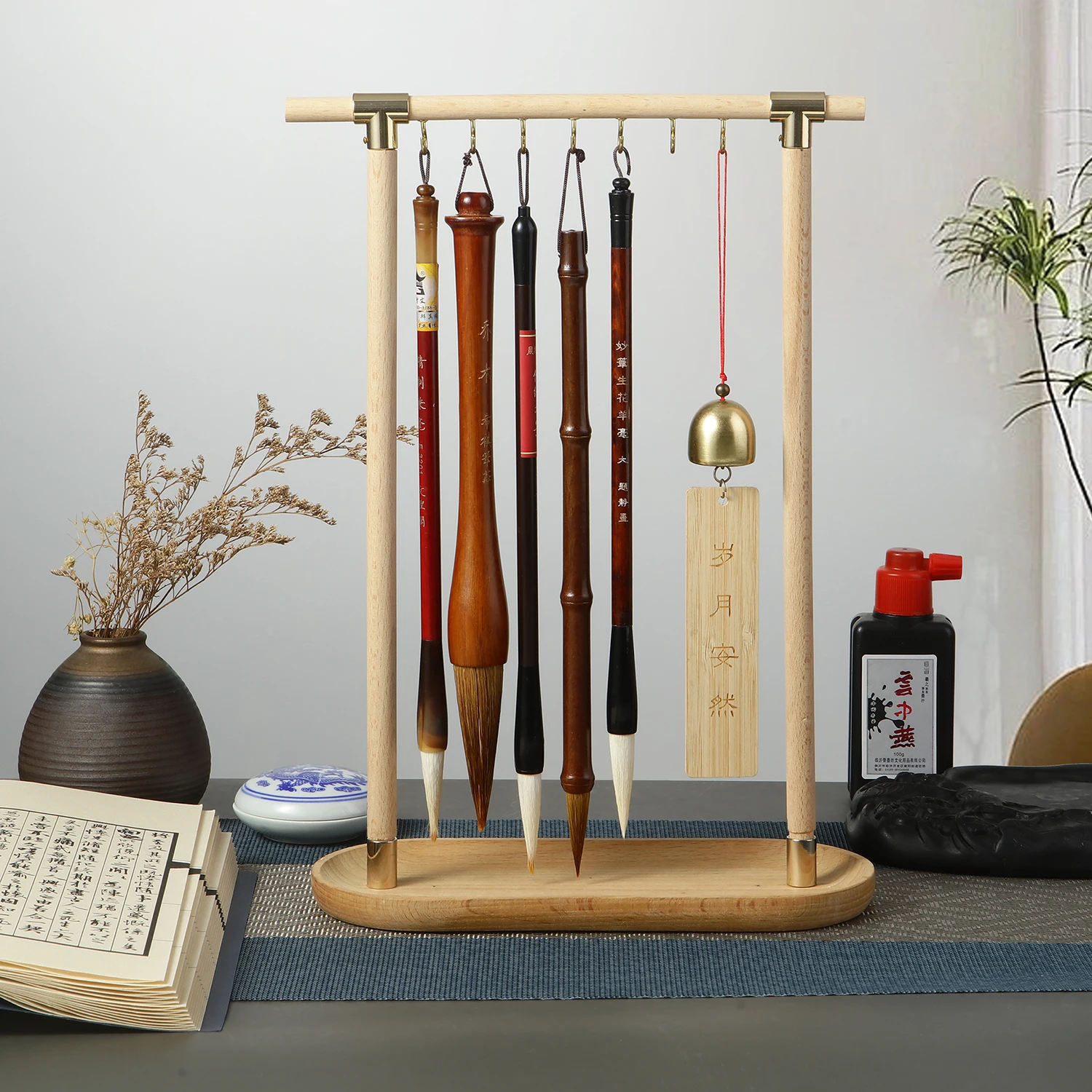 Wood Chinese Brush Pen Holder Calligraphy Rest Ink Hanger For School