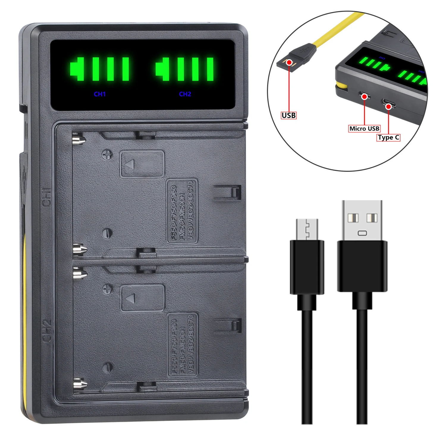 Фото Аккумулятор Batmax NP-F550 NP-F570 + двойное зарядное устройство USB со светодиодной подсветкой для фото №3
