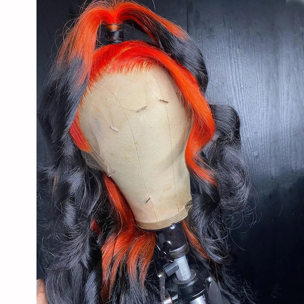 26 Inches Long Body Wave Synthetic Lace Front Wig Orange To Black Ombre For Women Frontal Wig Cosplay Charisma