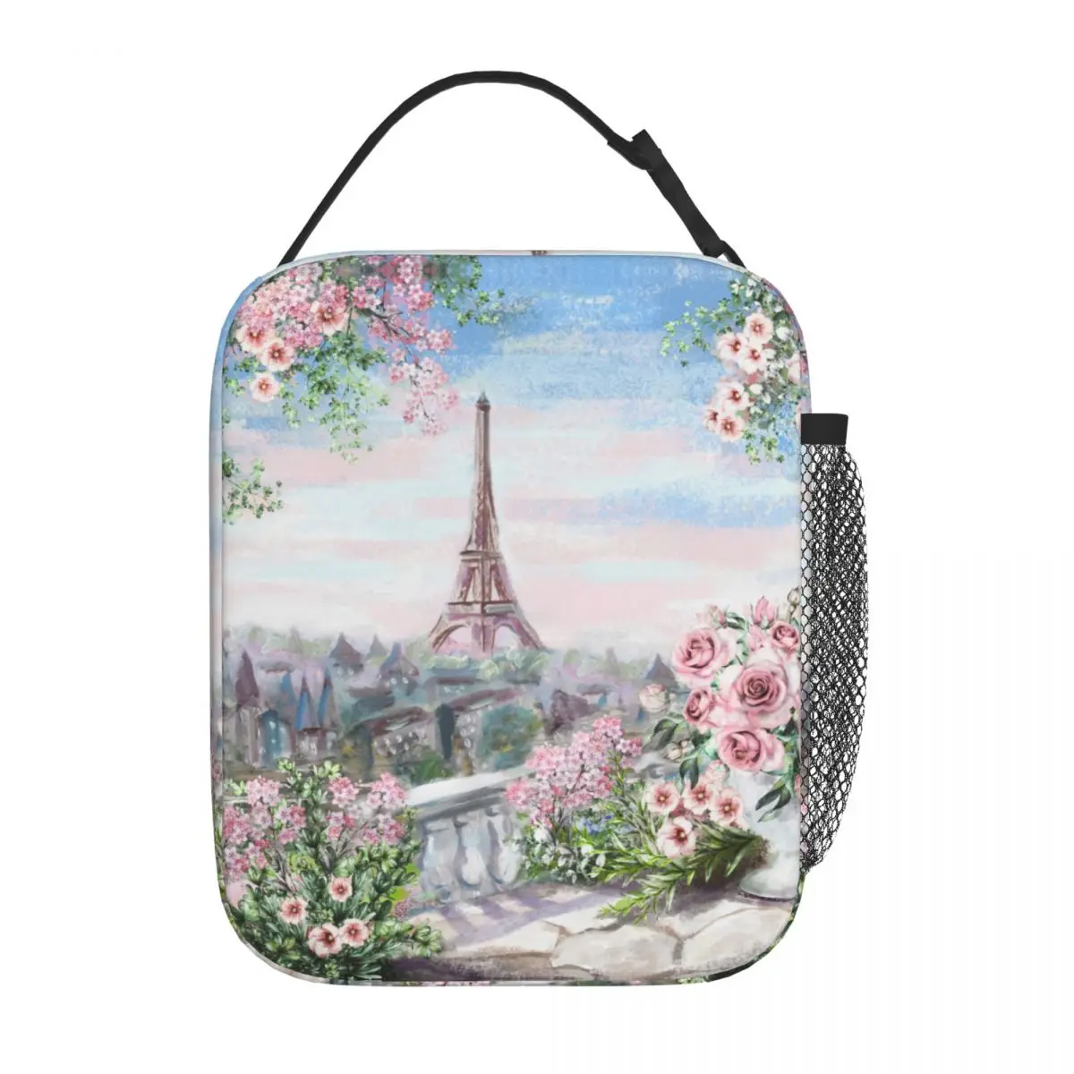 

Insulated Lunch Boxes Oil Painting France Paris Eiffel Tower Merch Modern Art Flower Rose Cooler Thermal Bento Box