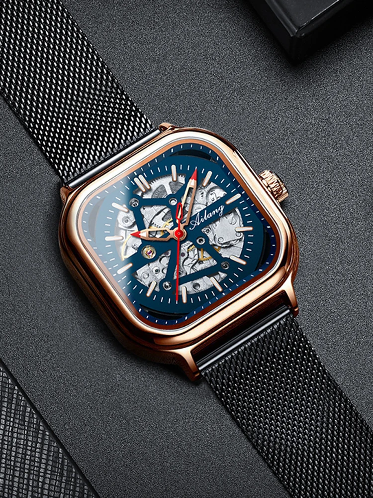 AILANG Top Skelett Quadrat Mechanesch Fir Männer Automatesch Handgelenk Waasserdicht Mesh Gürtel es_voghion.com