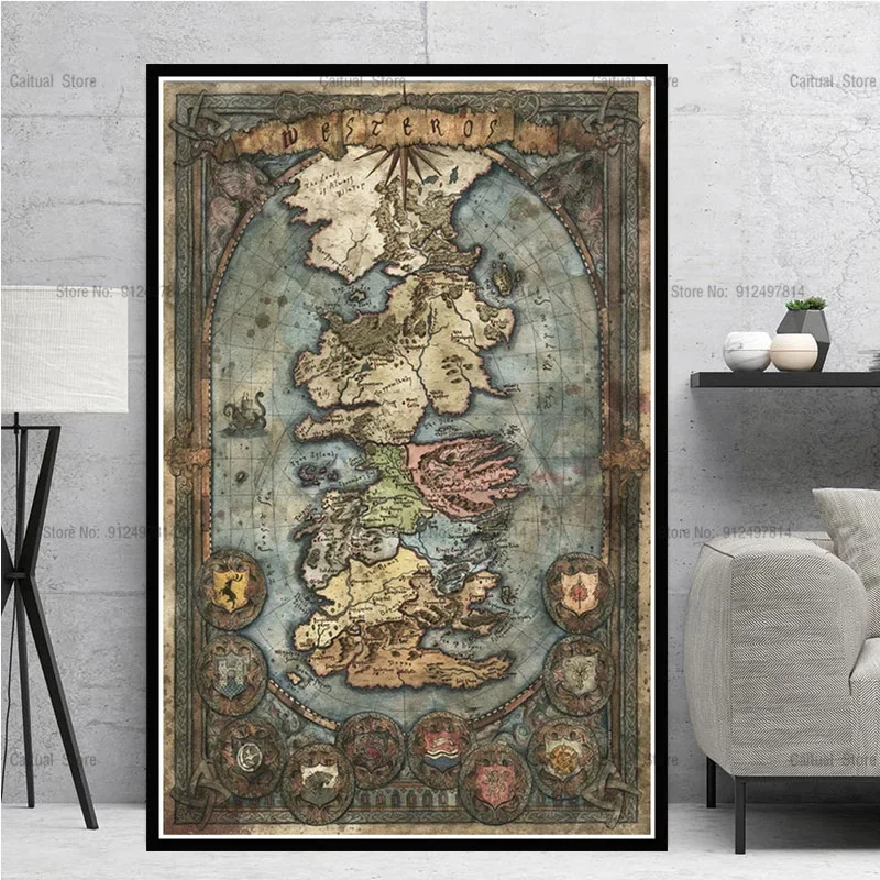 מפת משחק Westeros על קנבס סדרת טלוויזיה אמנות פוסטר קיר לסלון מתנה לעיצוב הבית מעריצים