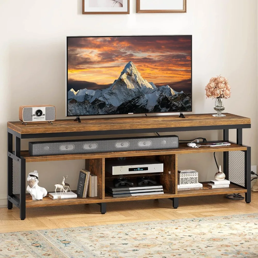 

LED TV Stands,w/Power Outlets,Entertainment Center W/Open Storage,Entertainment Center for Living Room, Retro Brown,TV Stands