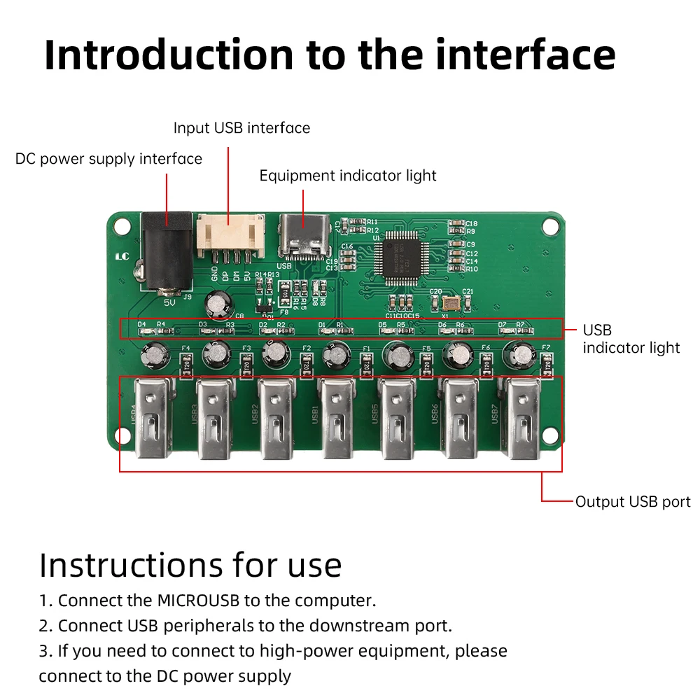 USB 2.0 HUB Module 1 to 7-port Hub USB Expansion Module Seven Port Splitter with Power Supply 2.0 Expansion