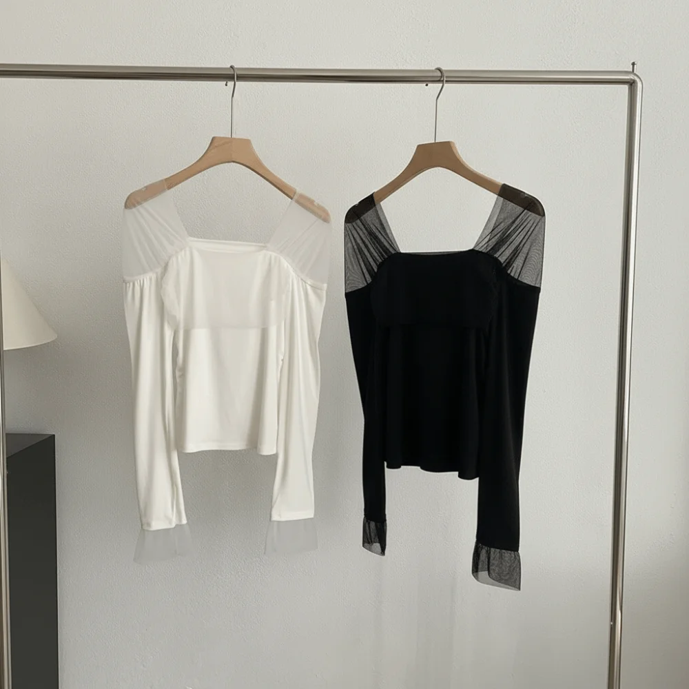 Koreanischer Stil Damen Langarm-T-Shirt mit Quadratkragen, Tailliertes Slim-Fit Mesh-Oberteil – Detail 8