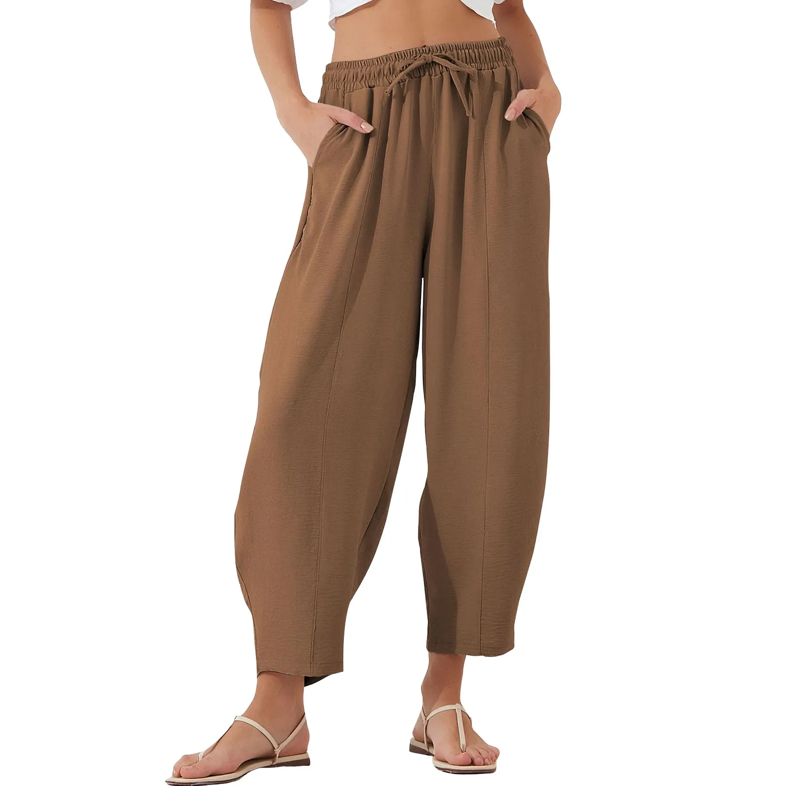 

Women'S Solid Color Bloomers High Waisted Drawstring Elastic Waist Cropped Pants Summer Loose Casual Beach Vacation Pants