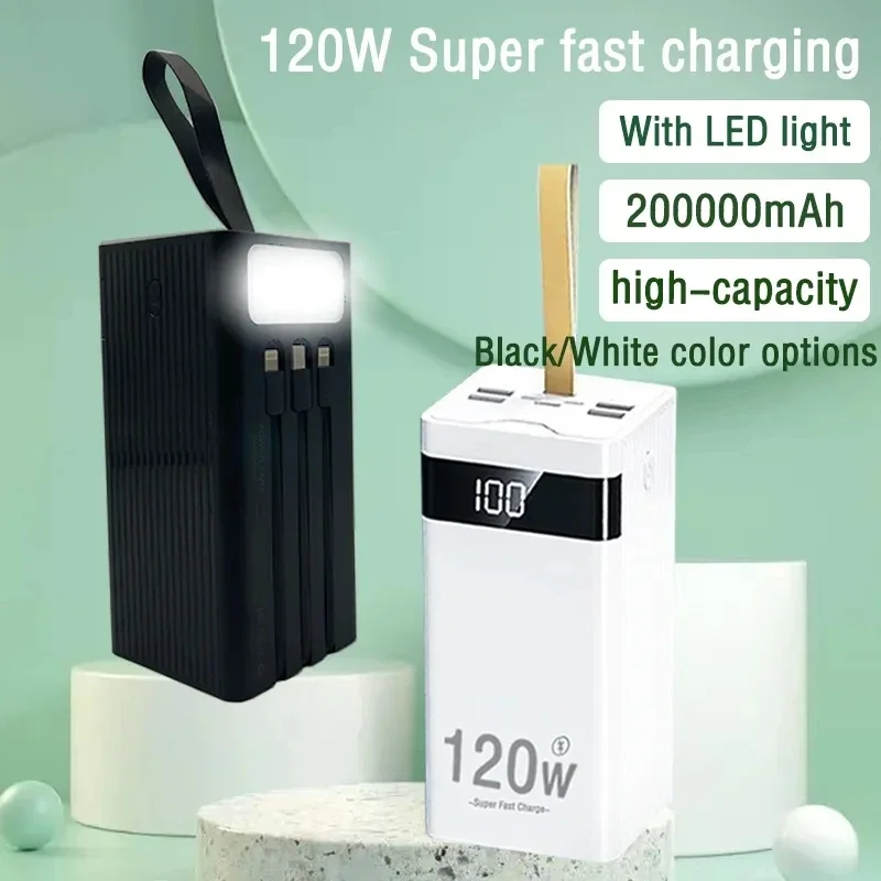 

Mobile Power Supply 200Ah, Large Capacity 120W Ultra Fast Charging Intelligent Digital Display Screen, with LED