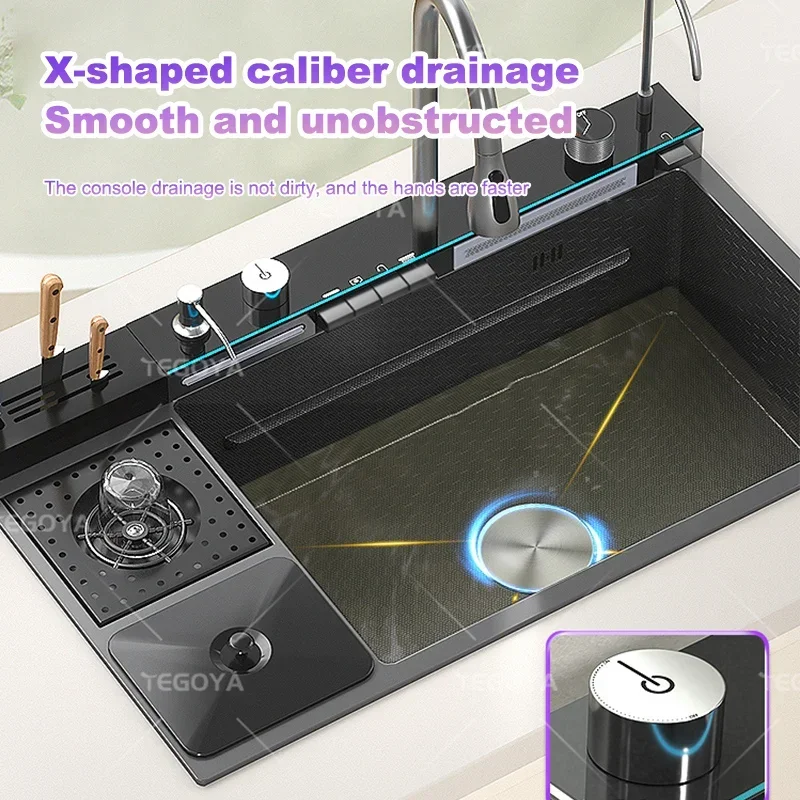 Stainless Steel Sink Waterfall with Trash Can Cup Wash Kitchen Apartment Countertop Wash Basin Large Single Sink