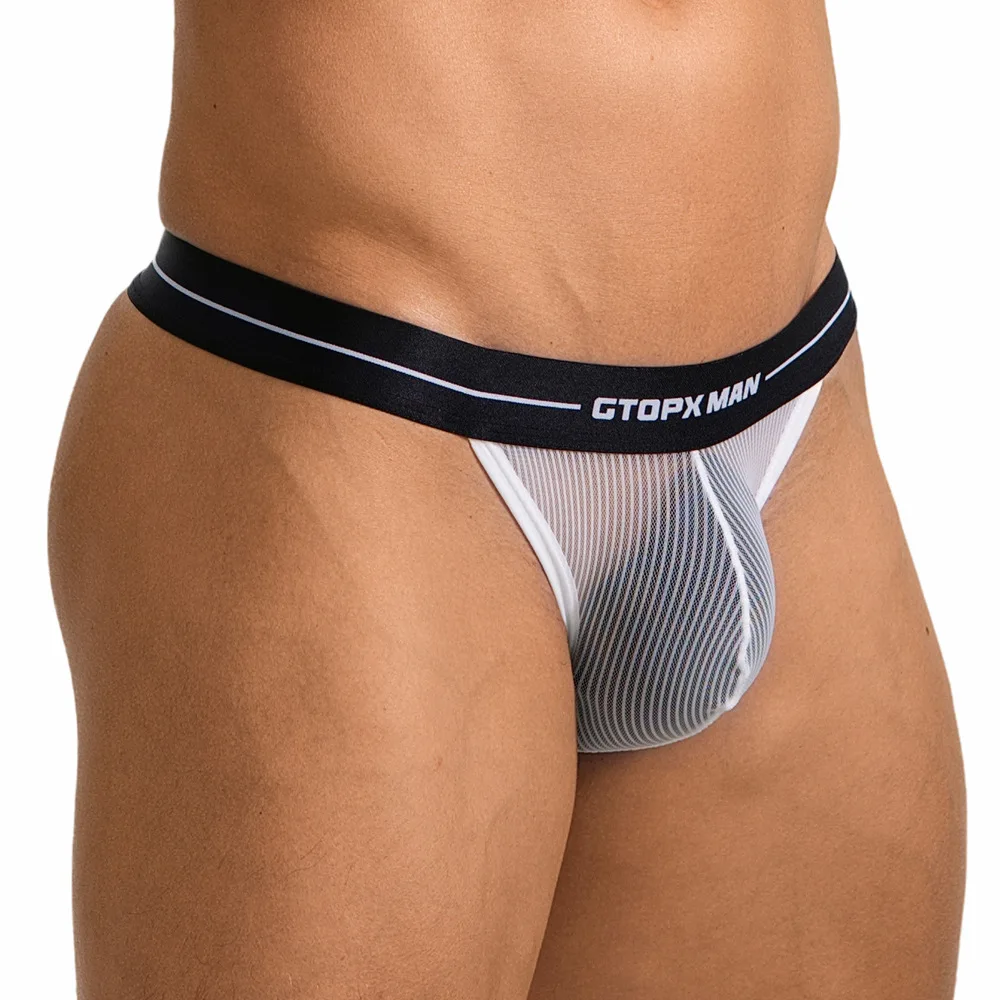 Men's low waist thong string sexy ice silk thongs for men black white striped transparent underwear mens briefs bikini