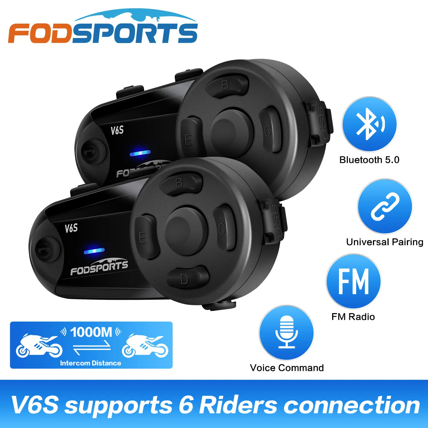 2 Pcs Fodsports V6s Motorcycle 6 Riders Helmet Headset