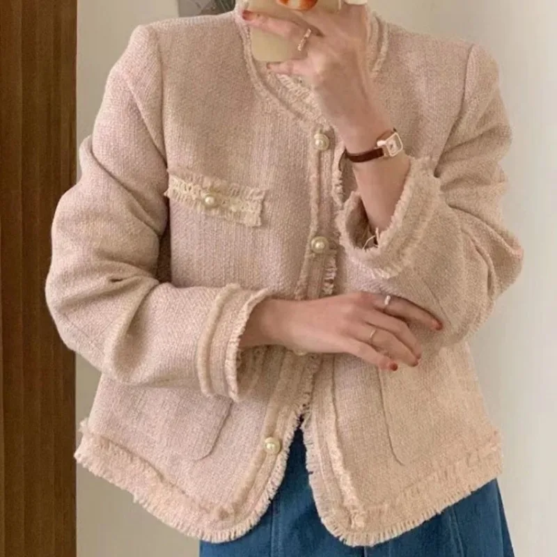 

Pink Tassels Korean Fashion Retro Small Fragrance Wind Coat New 2024 Outerwear Spring Autumn Coats Women Outer Jackets