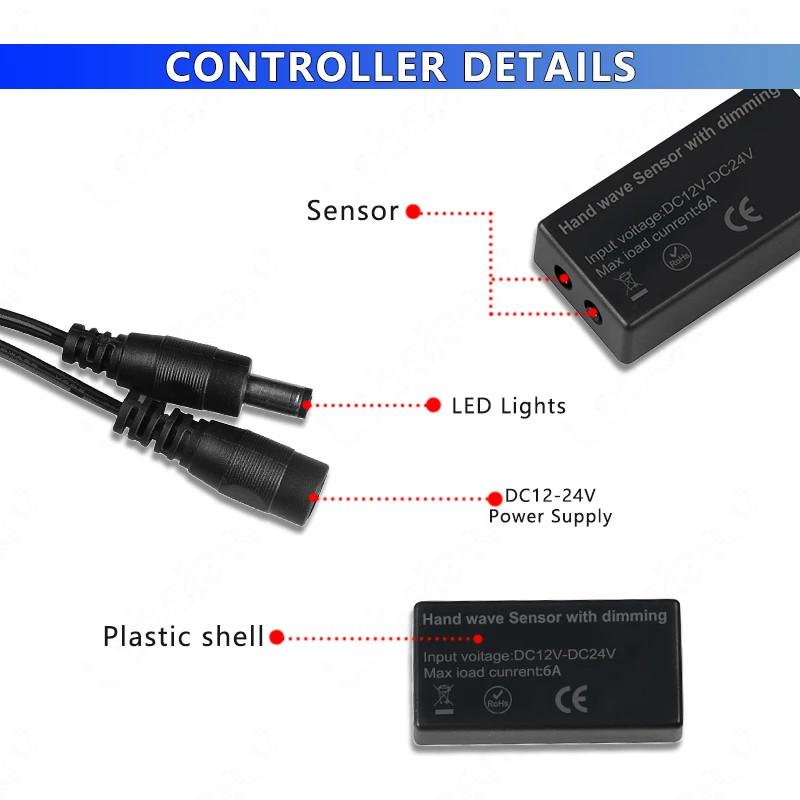 LED 센서 스위치, 핸드 웨이브 ON/OFF 도어 제어, 캐비닛 단색 LED COB 라이트 스트립용 DC 5.5x2.1mm 포트, 6A 1CH, 12V, 24V