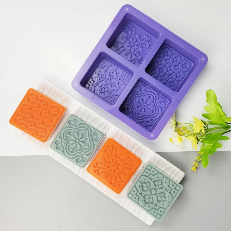 Multi-style 4 Hole Square Silicone Soap Mold DIY Flower Candle Resin Plaster Making Set Chocolate Cake Ice Mould Home Decor Gift
