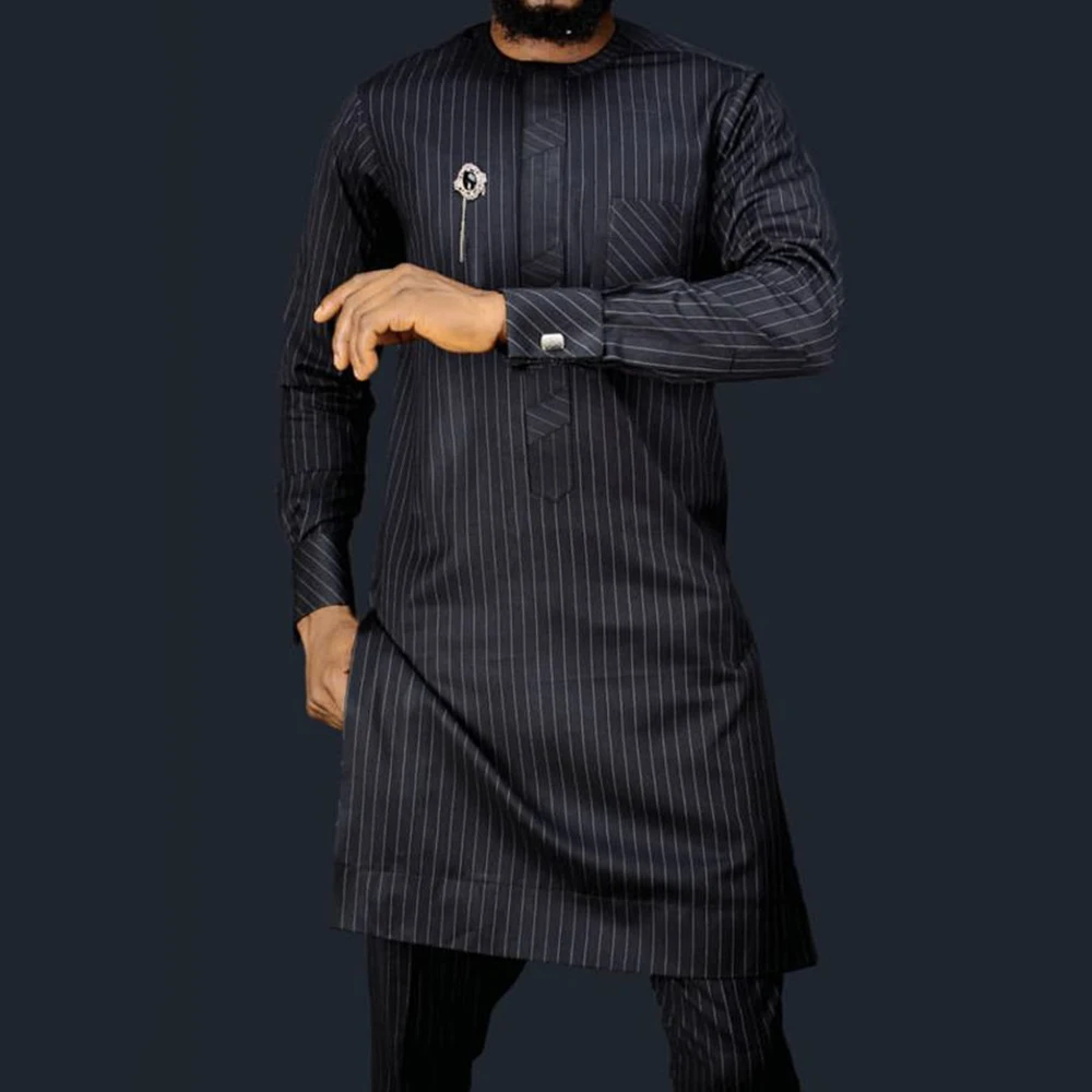 

African Men's national style black stripe casual two-piece dress Advanced sense of business and leisure clothing Dashiki