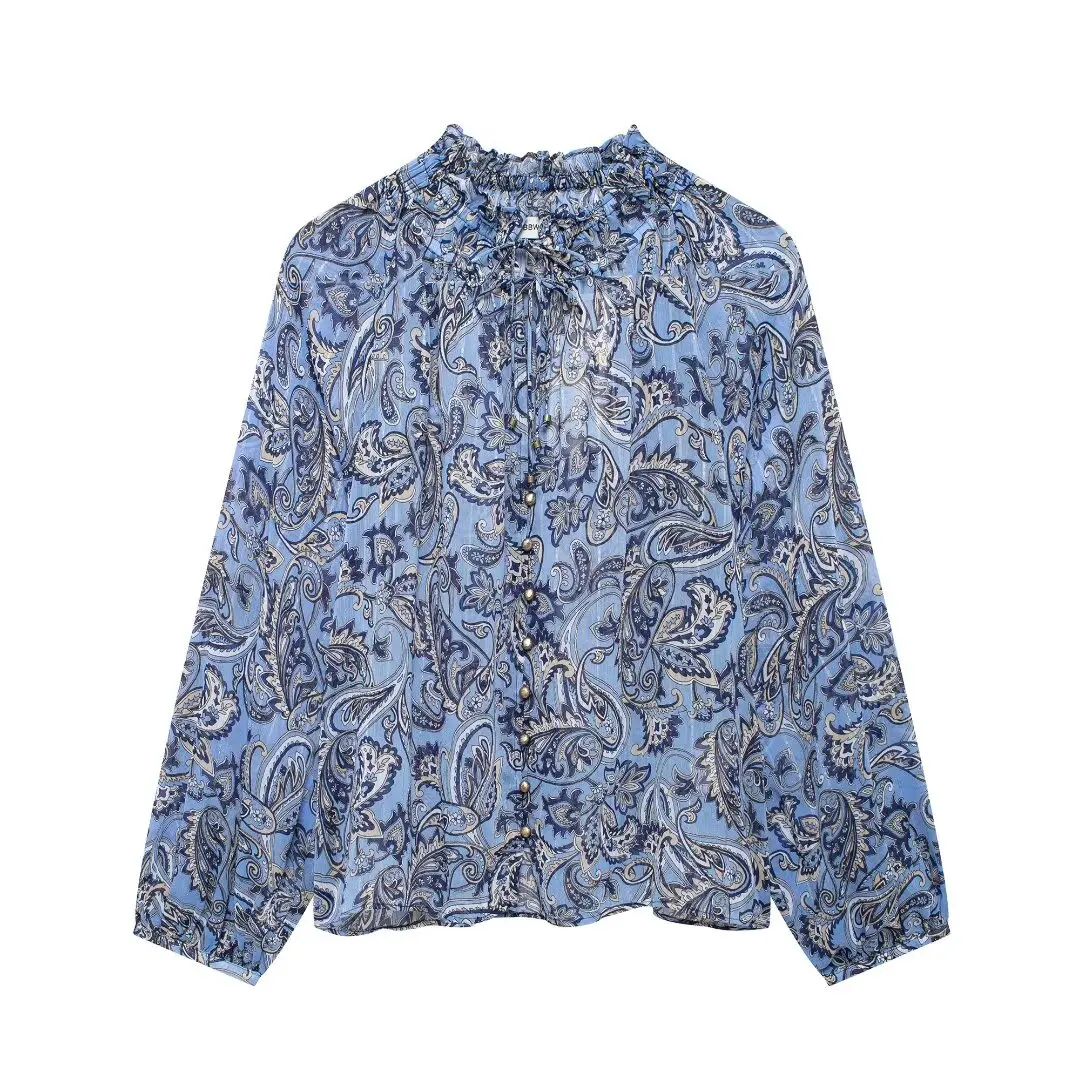 thumbnail image 1 of HH TRAF Mujeres Nueva Moda Nicho Versátil Paisley Camisa Estampada De Manga Larga Camisa Femenina Elegante Con Borde De Hongo De Mariposa Anudada, 1 of 4