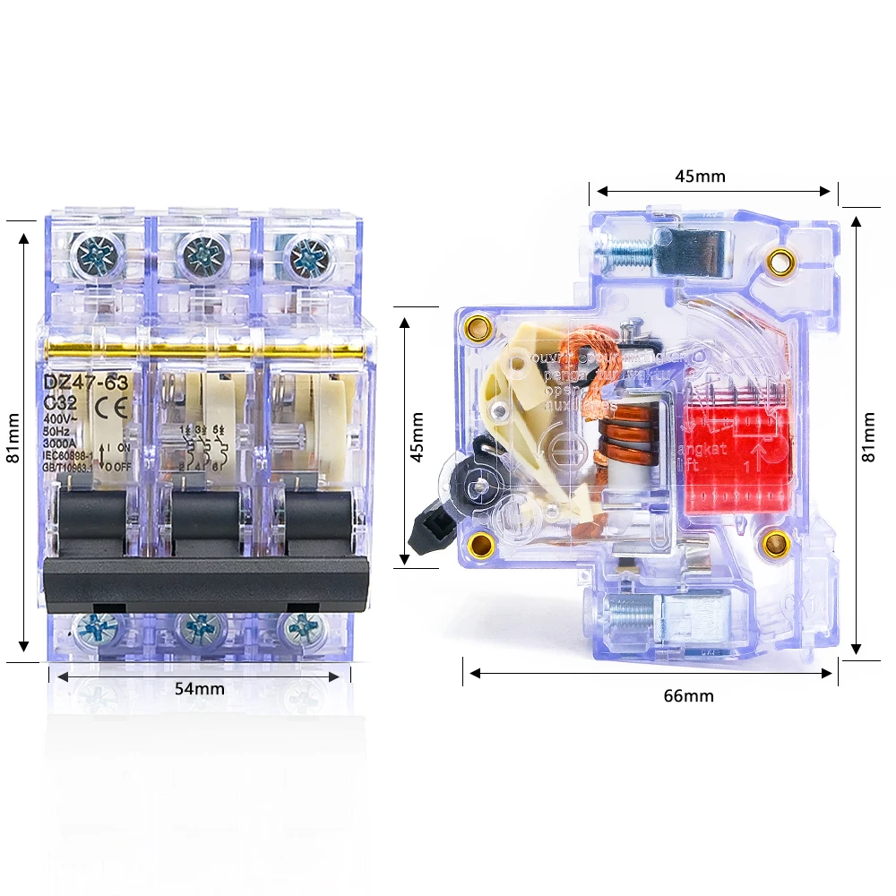 1 Pcs DZ47-63 3P 16-63A Home Miniature Circuit Breaker 400V Din Rail Mountable Short Circuit Overload Dual Protection