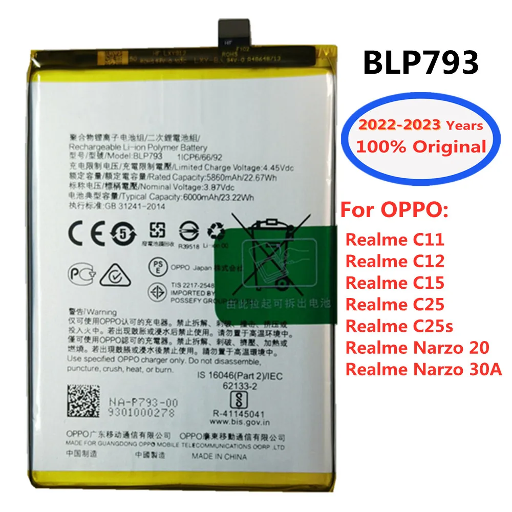

Новинка 2023, аккумулятор OPPO BLP793 6000 мАч для Oppo Realme C11 C12 C15 C25 C25s Narzo 20 / Narzo 30A, сменные батареи