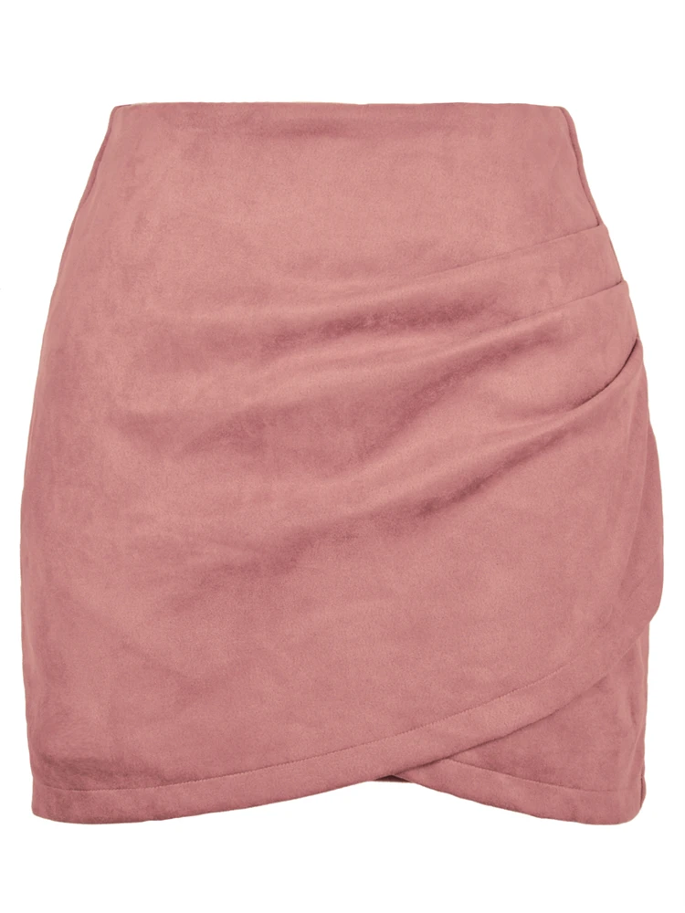 Womens Faux Suede Skirt Official Ladies A-Line Mini Pencil Skirt For Women High Waist Classic Wrap Front Slit Skirts 2025