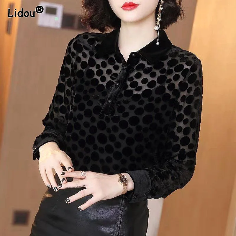 Women Blouse Sexy Hollow Out Dots Graphic Turn-down Collar Button Hipster Fashionable Trend Thin Spring Summer Women's Clothing