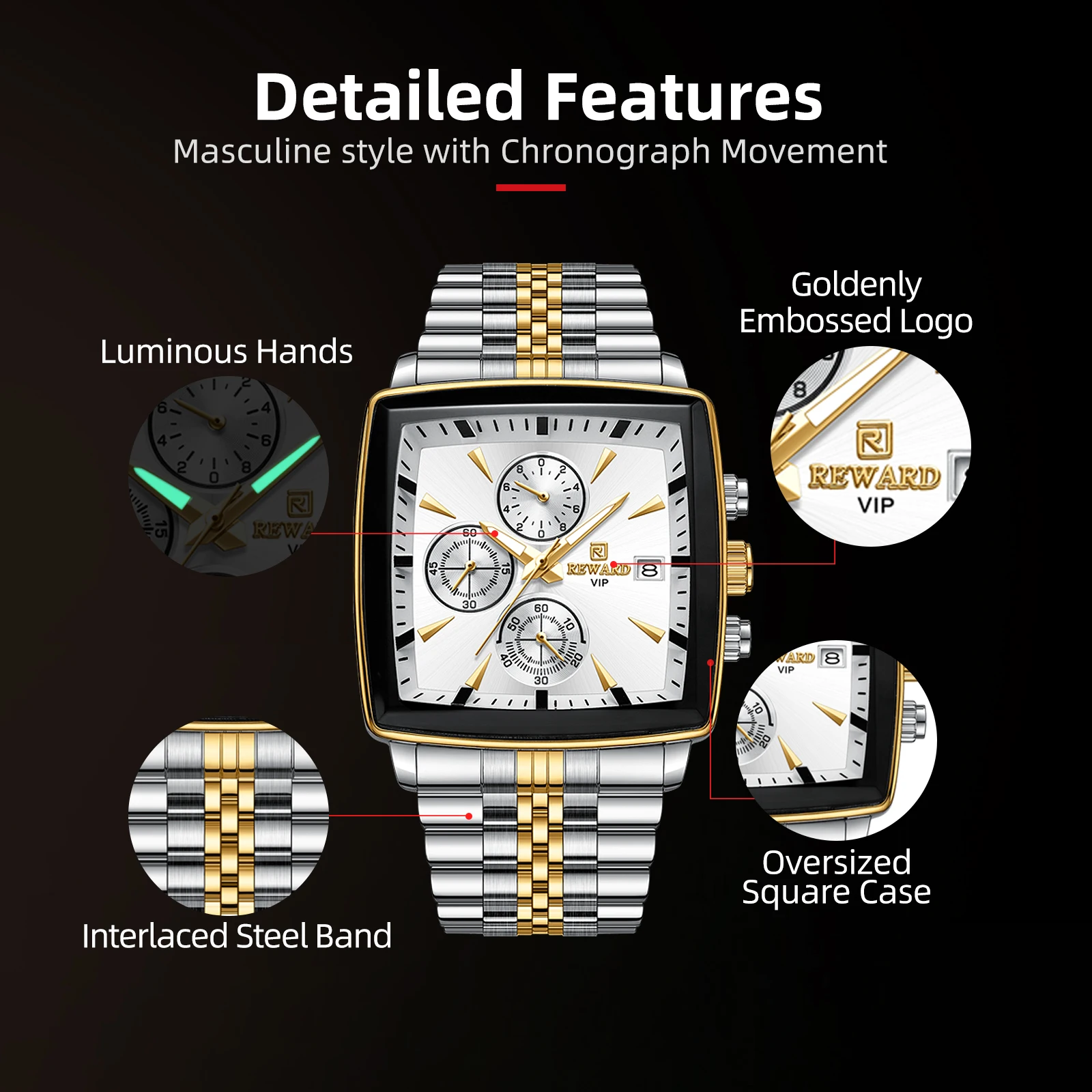 REWARD VIP Mens Watches Waterproof Luminous Sport Watches for Man Stainless Steel Wristwatch Chronograph Date Stopwatch