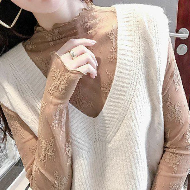 Sexy Women Mesh T-Shirts Transparent Lace Blouse Long Sleeve See Through...