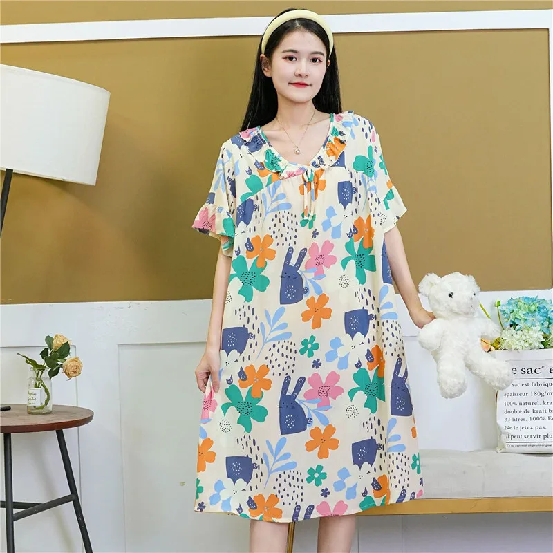 Loose Comfortable Sleepwear Cotton Rayon Night Dress Women New Casual Printed Nightgowns Female Summer Home Wear Nightshirt
