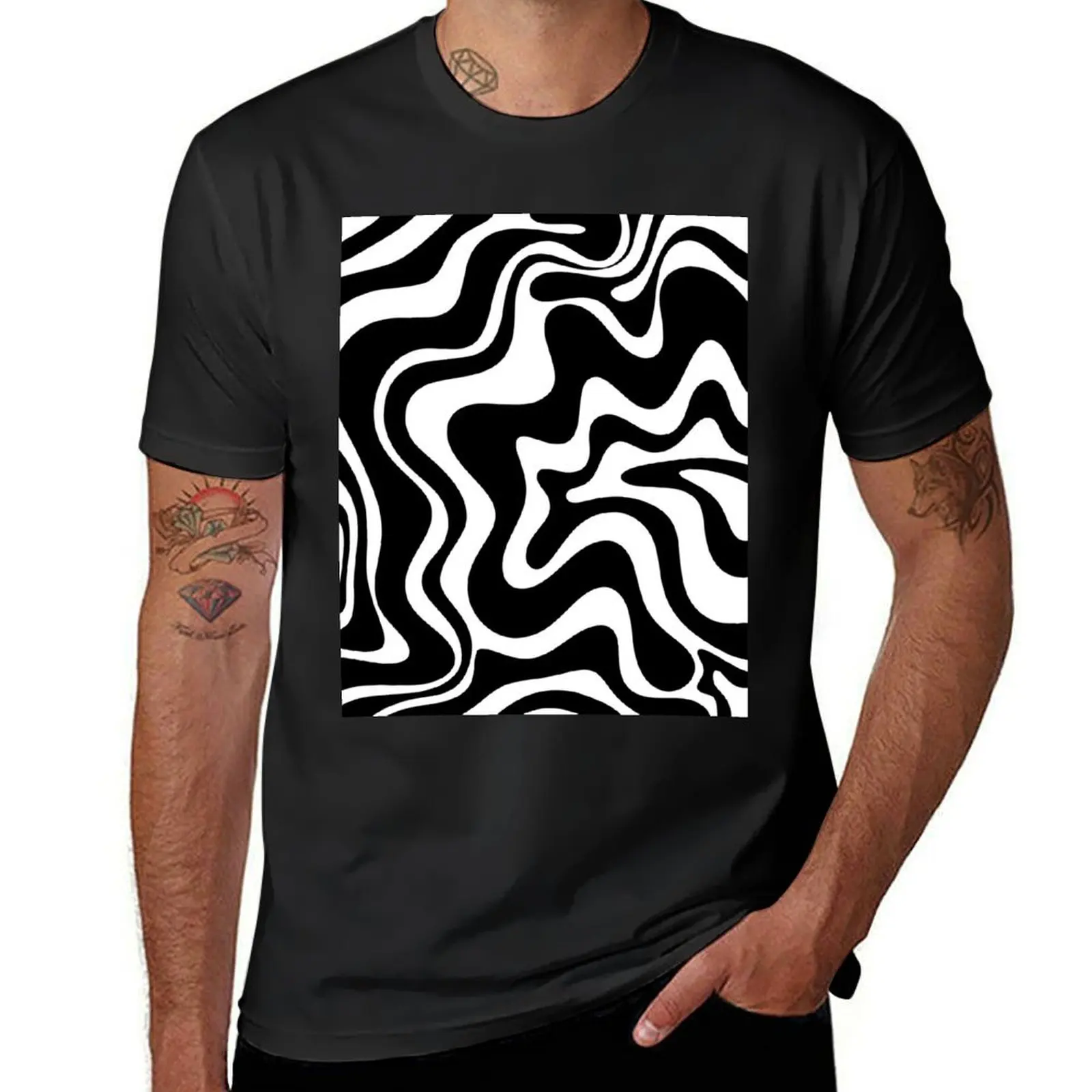 

Liquid Swirl Retro Abstract Pattern in Black and White T-Shirt plus size tops men clothings