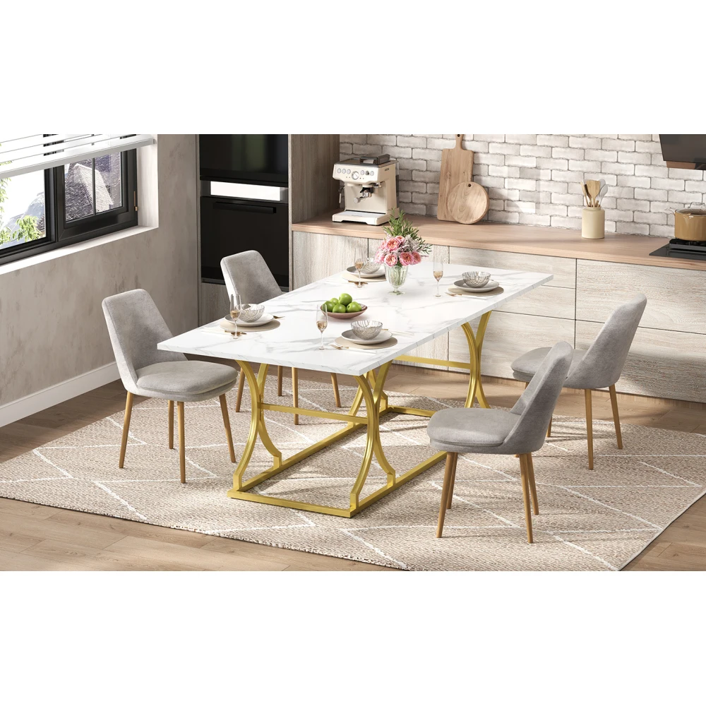 Moderner Esstisch, 2,5 cm dicke Tischplatte, goldfarbene Metallbeine mit verstellbaren Schiebern, für Wohnzimmer und Esszimmer – Detail 16
