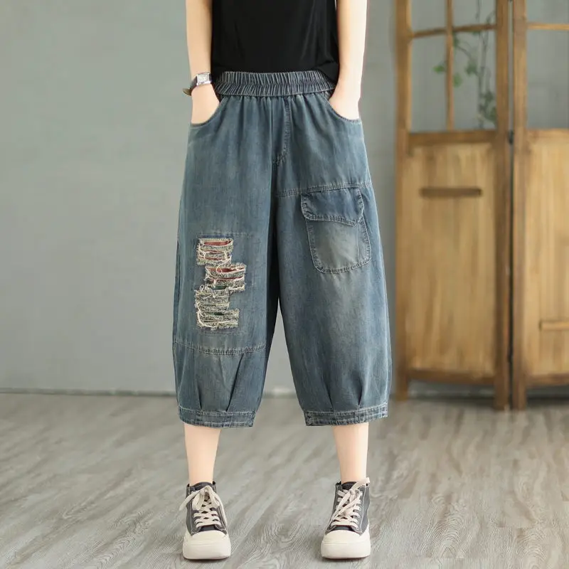 

Large Size Artistic Color Bocking Patch Harem Pants Vintage Denim Jeans Loose And Versatile Radish Trousers For Women Z1700
