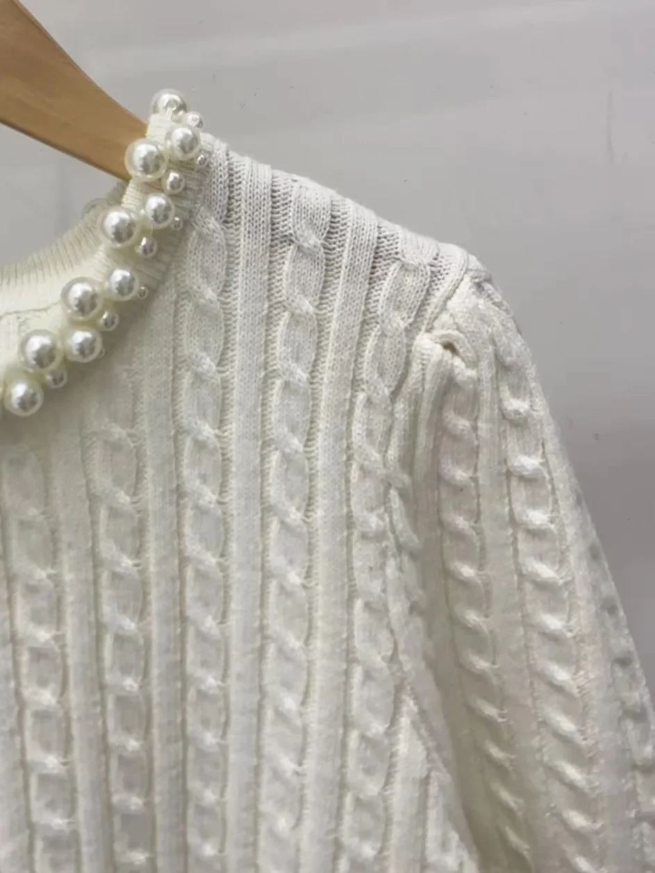 

Women's Twist Sweater Pearls Round Neck Short Sleeve Elegant 2024 Early Spring Knitted Pullover