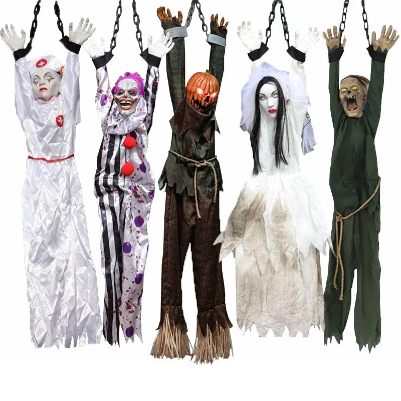 

Halloween Decoration Electric Toys Iron Chain Clown Hanging Ghost Zombie Glowing Sound Toy Haunted House Party Decor Pendant