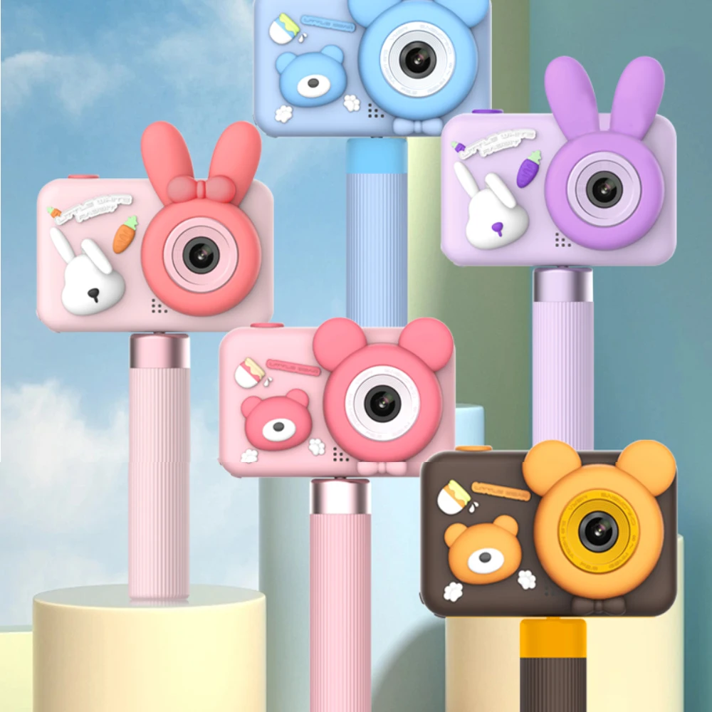 New Bear Kids Digital camera cartoon with Tripod Micro Toy lanyard Children Selfie Portable Toddler Video Holiday Gifts