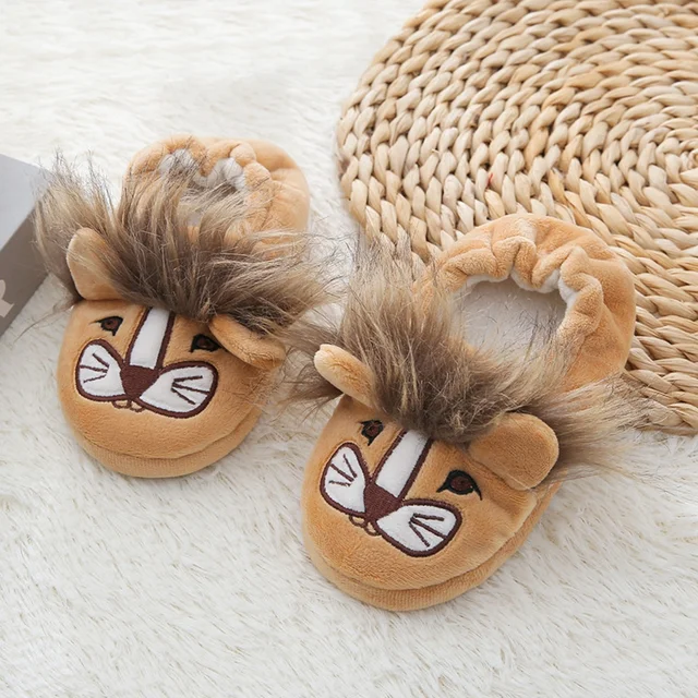 Toddler Boy Slippers Cartoon Lion Plush Warm Shoe Little Kid Winter House Shoes Soft Rubber Sole Home Indoor Footwear Baby Items